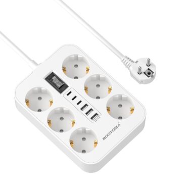 Мережевий фільтр 6-фазовий з USB (3 USB-A, 3 USB-C), з вимикачем та 2м кабелем, захист від перенапруги, чорний (2м білий)