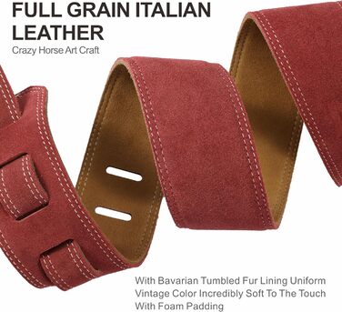 Гітарний ремінь Nefelibata з повного нубуку, 2,5 см шириною, з м'якою підкладкою та петлею для кабелю, для акустичної, бас та електрогітари (Jujube Red)