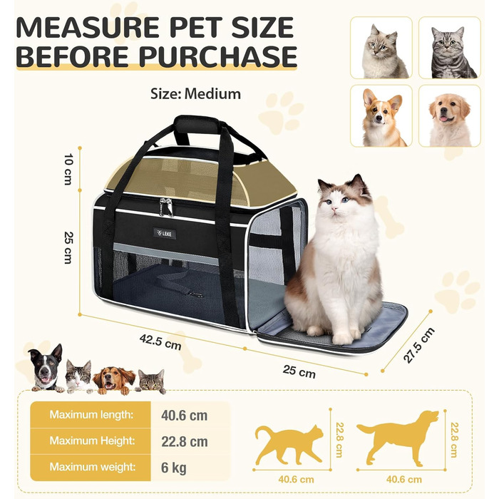 Транспортна сумка для собак та котів, розширювана, до 6 кг, чорна, M