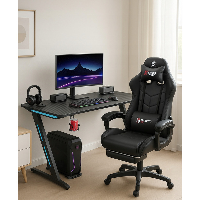 Ігровий комп'ютерний стіл з LED-підсвіткою, сучасний геймерський стіл, 140 см, чорний