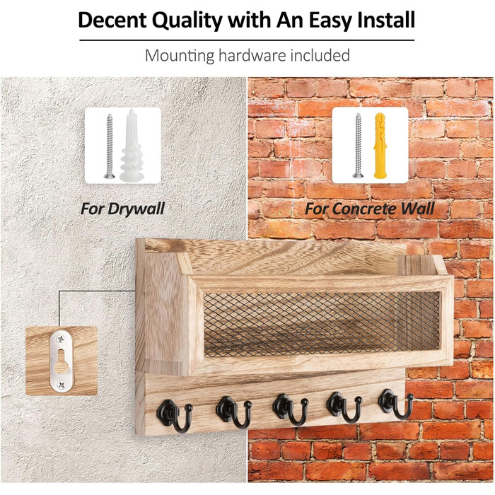 Brief and key holder for wall decoration, 27.9 cm (11 inches) wooden wall key organizer with 5 key hooks, wall mount, storage shelf for entryway, hallway (white) (wood)