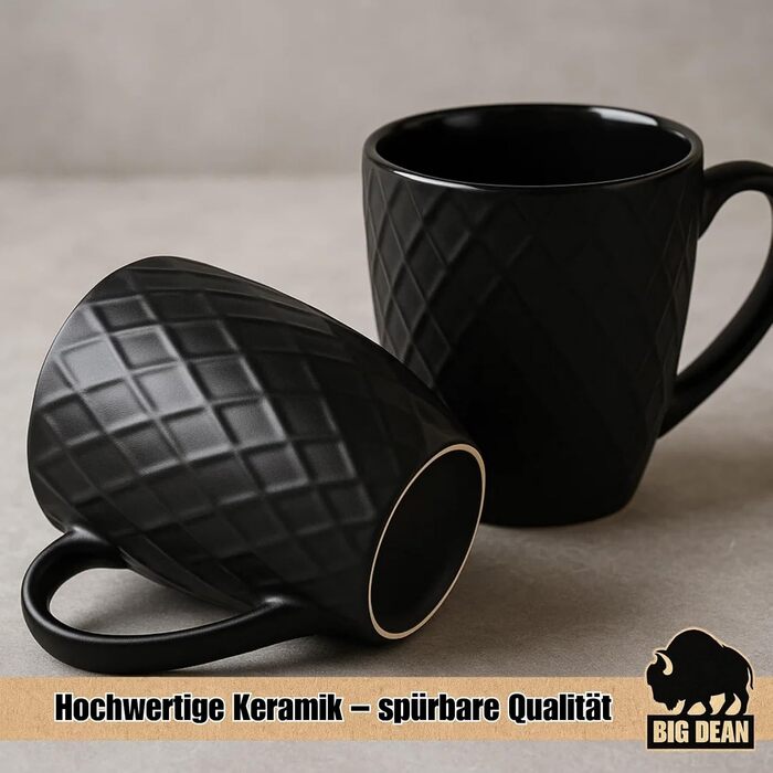 Набір кавових чашок BigDean 6 шт. 400 мл, чорний матовий керамічний посуд - подарунковий набір
