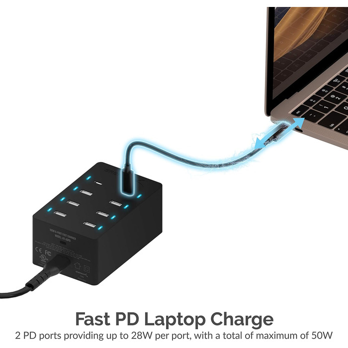 Зарядний пристрій Sabrent USB 60W 10 портів, станція швидкої зарядки з мережею для MacBook, USB-C ноутбуків, iPhone, Samsung Galaxy (AX-TPCS)