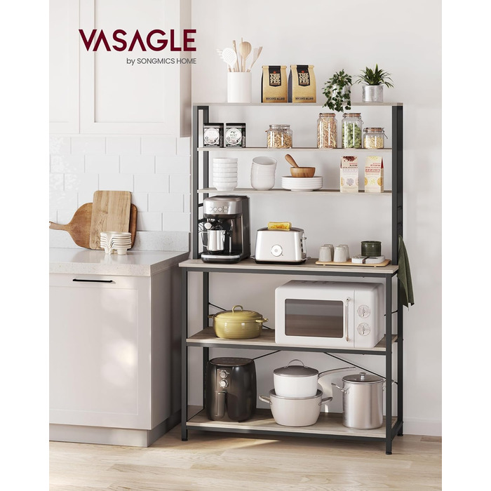 Стелаж кухонний VASAGLE, 6 полиць, гачки, сталевий каркас, 40 x 60 x 167 см, золотий дуб + білий