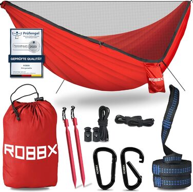 Hammock Outdoor with Mosquito Net for 2 People | 660 lbs (300kg) Weight Capacity | Double Hammock with Attachment Set | Nylon Camping Travel Hammock | 114.2 x 55.1 inches (290x140cm) (Red)