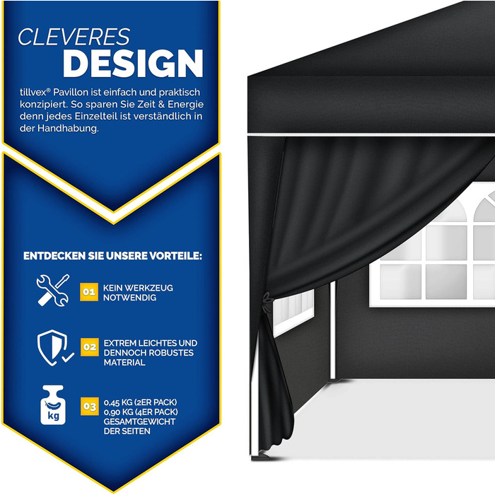 tillvex® for 3x3m Pavilion | Folding Pavilion Side Walls Water-Repellent | Side Windows & Zipper | Side Walls for Garden Tent Party Tent (4x Side Wall, Black)