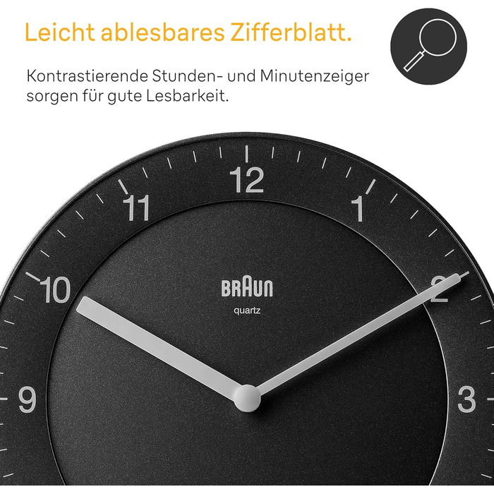 Braun Classic analog wall clock with quiet quartz movement, easy-to-read dial with a 20 cm diameter in black, model BC06B.