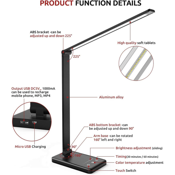 LED настільна лампа з регулюванням яскравості, 5 кольорів та 10 рівнів, захист очей, сенсорне керування, складна, нічна лампа з акумулятором 2500mAh (чорний)