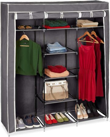Relaxdays Fabric Clothes Closet, 9 Compartments, 2 Clothes Rails, HBT: 173 x 148 x 43 cm, Camping, Basement, Folding Closet, Anthracite, Fabric, 10019122-139