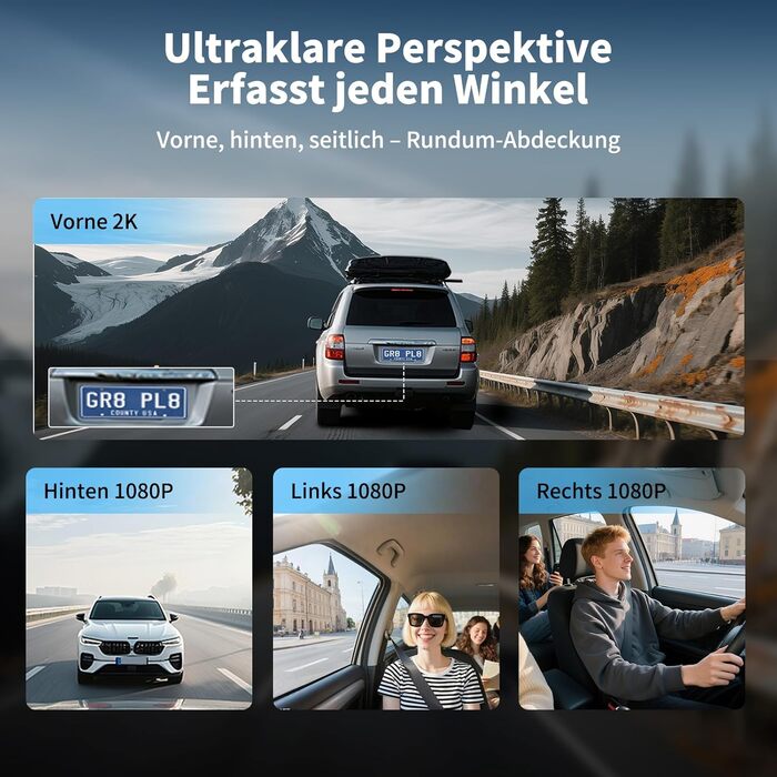 Відеореєстратор в авто Dash Cam 2K/1080p з 64GB SD-картою, 4 камери, IPS-дисплей 3