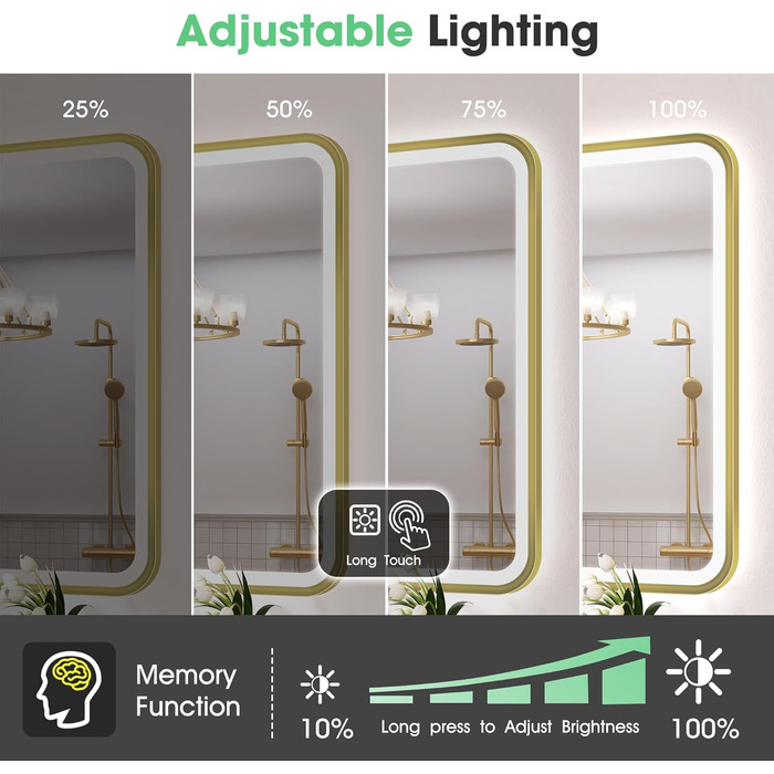 Дзеркало для ванної кімнати S'bagno з підсвічуванням 100x70 см, з алюмінієвою рамою, антизапарник, 3000-6500K, функція пам'яті, IP44, горизонтальне/вертикальне, чорне