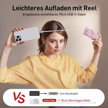 Power Bank iWALK 10000mAh з вбудованим кабелем USB-C 70см, 3 виходи, 30W PD, рожевий