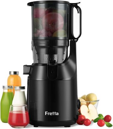 Fretta Slow Juicer with 135mm Opening, Juicer for Vegetables and Fruit Test Winner, 250W Breastfeeding Juicer with Cold Press, Easy Cleaning & Powerful Motor, BPA-Free (Black, 1.8L) 1.8L Black