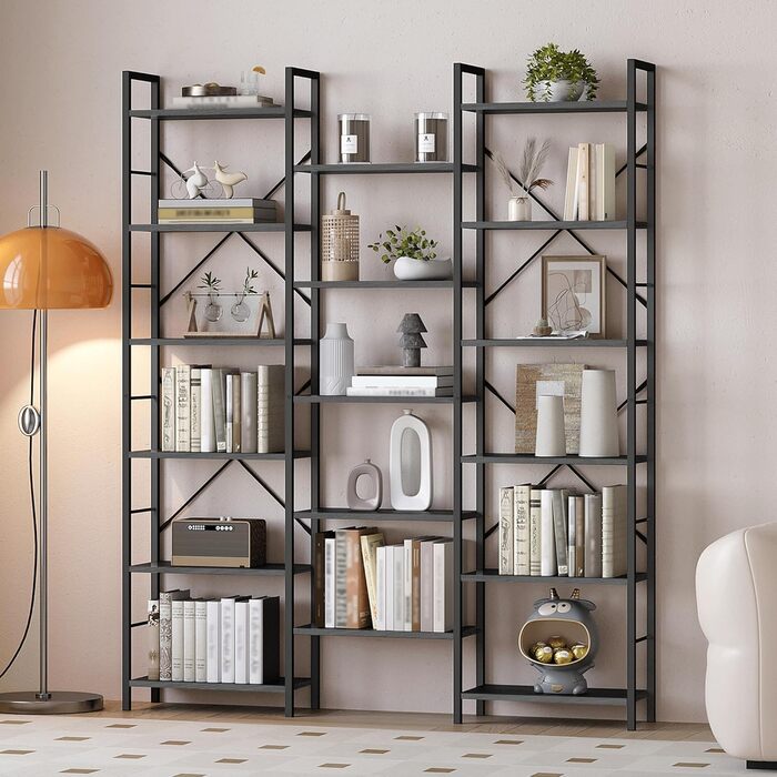 Книжкова шафа Hzuaneri з 17 полицями, 6 ярусів, регульовані полиці, 24x152x186 см, навантаження 340 кг, чорна з деревною текстурою, для вітальні та офісу
