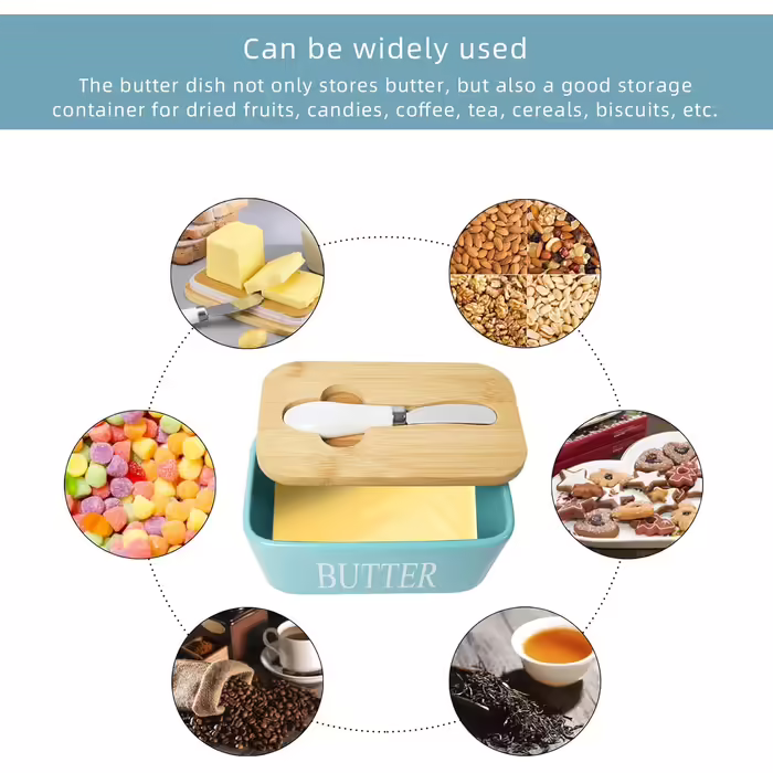 Porcelain butter dishes with lid, airtight silicone butter box, butter container for butter, nuts, cheese, sky blue + butter spreader