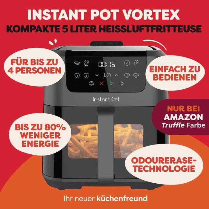 Фритюрниця готує повітрям Instant Pot Vortex Compact Trüffel Grau 5 л з антипригарним покриттям, 4-в-1 (смаження, сушка, випічка, підігрів)