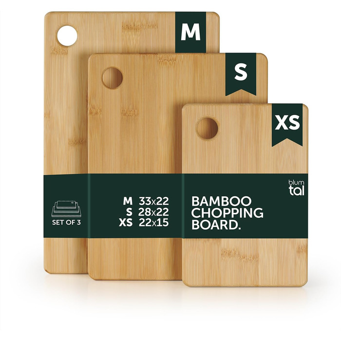 Blumtal Bamboo Cutting Board Carlota 3-Piece Set - Chopping board with a hole for hanging, kitchen helper made of 100% bamboo with silicone feet.