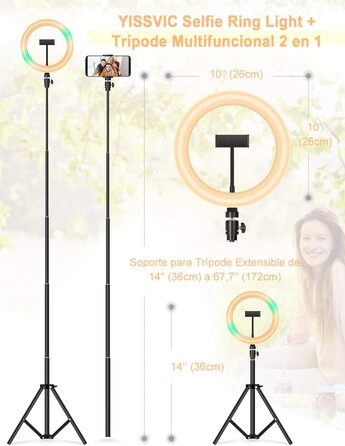 Кільцеве світло YISSVIC 25.4 см (10 дюймів) зі штативом та пультом, 168 LED, 3 режими світла та 26 RGB, для фото та відео, TikTok, YouTube, селфі