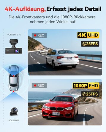 Автомобільний відеореєстратор REDTIGER F7N 4K з WiFi та GPS, передня камера 4K/2.5K, задня 1080P, кут 170°, моніторинг паркування, карта пам'яті 64ГБ у комплекті