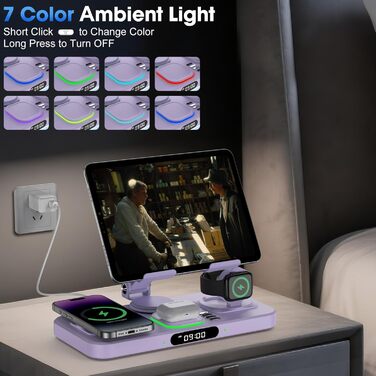 Багатофункціональна бездротова зарядка 6-в-1 для Apple: iPhone, iPad, Apple Watch (фіолетовий) з підсвіткою та регульованим підсвіткою