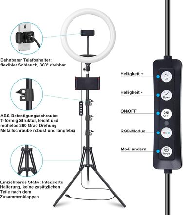 Ринг-лампа 13 дюймів з штативом, кліп для планшета та 2 тримачами для телефону, 3000-6000K, 10 рівнів яскравості, музичні режими, 100 RGB-режимів, LED для селфі, TikTok, Vlog, YouTube, Facebook відео, багато кольорів