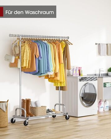 Вешалка для одягу на колесах, з полицею та широкою перекладиною, 116 x 43 x 150 см, сріблястого кольору