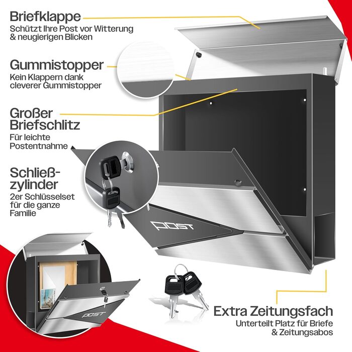 Поштовий ящик KESSER з газетницею, нержавіюча сталь, сріблясто-антрацитовий, з 2 ключами, настінний, з м'яким закриттям кришки, з кріпленням