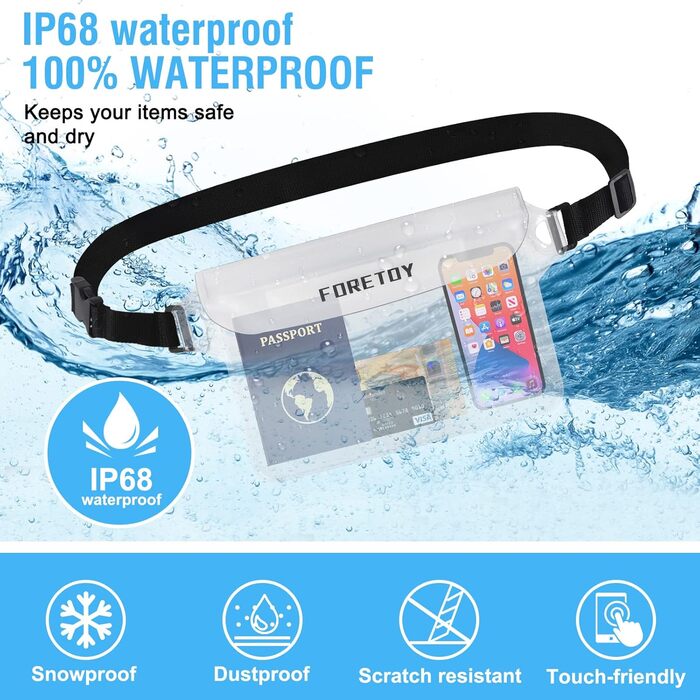 Водонепроникна поясна сумка з регульованим поясом, водонепроникний чохол для телефону IP68. Підходить для фотозйомки, водного спорту, пляжу, плавання, катання на човні та іншого. (Прозорий*2)