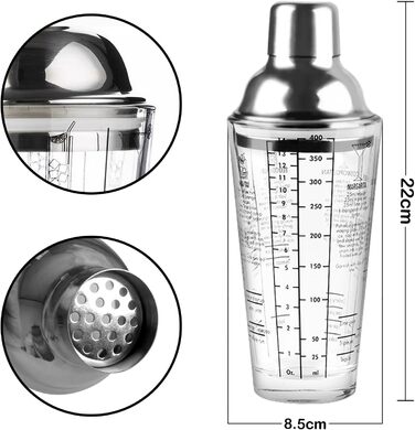 Stainless Steel Cocktail Mix Set - 14 Piece Bartender Kit with Bamboo Stand & Cocktail Shaker - Professional Mixology Set - Black (400ml D-Glass)
