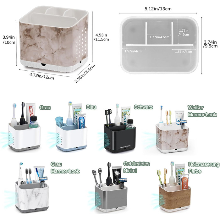 Тримач для зубних щіток електричної та звичайної, дерев'яний, з дренажними отворами, органайзер для ванної кімнати (світло-сірий мармур)