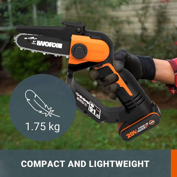WORX акумуляторна міні-піла 18V (20V MAX) WG324E.1, PowerShare, 12 см шина, антивібраційна, легка та портативна, подовжувач, 1 акумулятор та зарядний пристрій в комплекті