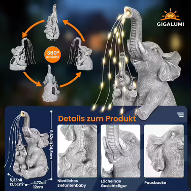 GIGALUMI Solar Garden Statues, Elephant Figurine, Outdoor Lights, Yard, Garden Decoration, Unique Gifts for Mother, Women, Elephant Decoration for Patio