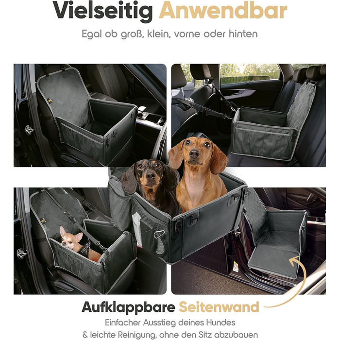 Автокрісло для собак HELDENWERK Extra Stabiler - Водонепроникне, з 5 ременями, для заднього та переднього сидіння (Чорно-сіре, стандартне)