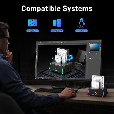 Док-станція для жорстких дисків FIDECO USB 3.0 з RGB підсвічуванням, Dual-Slot, підтримка UASP та офлайн-клонування (2.5/3.5