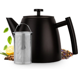 Teapot | Stainless Steel 1L | Teapot with Infuser | Stainless Steel Teapot | Stove for Teapot | Teapot with Stove | Tea Maker | Double-Walled (Black)