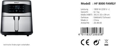 Фритюрниця Steba Family HF 8000, 8л, без олії, з сенсорним екраном, 8 програм, таймер 60 хв, 1800 Вт