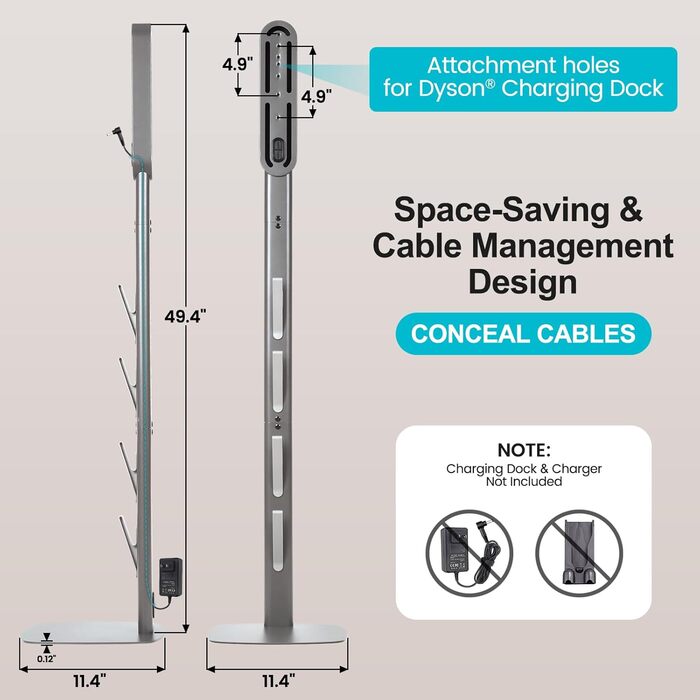 Підставка для пилососів Dyson Gen5 V15 V12 V11 V10 V8 V7 V6, без свердління, з прихованим шнуром, металевий органайзер для бездротових пилососів та насадок, сірий титан