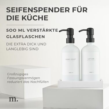 MaisoNovo Soap Dispenser Set - Soap Dispenser Kitchen - 500 ml Amber Bottles, Black Pumps, Glass Pumps Dispenser, Soap Dispenser Set, 2-Piece Set and Concrete Tray - Dish Soap Dispenser Kitchen (White Glass / Black Pump + Rectangular Tray)