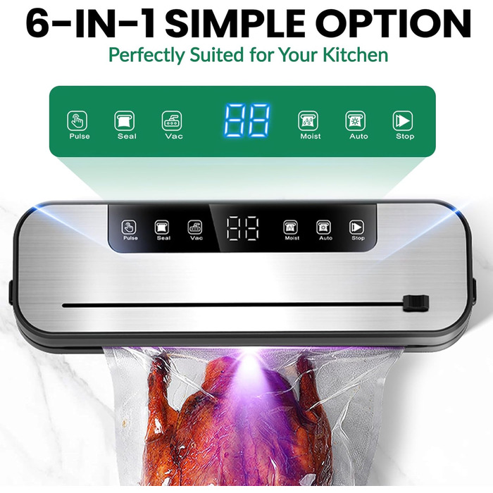 Професійний вакуумний пакувальник 6-в-1 для продуктів харчування з 50 пакетами та шлангом, 75Kpa, автоматичне закриття з різаком та цифровим таймером