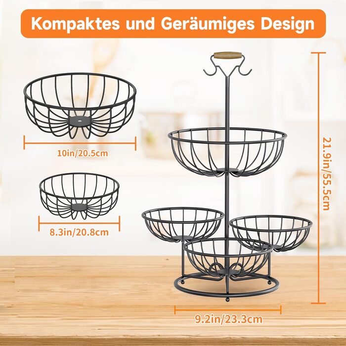 Багатоярусна фруктова корзина PouHenier.jh 5 ярусів, чорна, для фруктів та овочів з підставкою для бананів