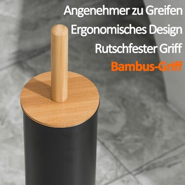 Щітка для туалету Leadfun з бамбуковою ручкою, металевим тримачем, 2 насадки, посилена основа (чорний)