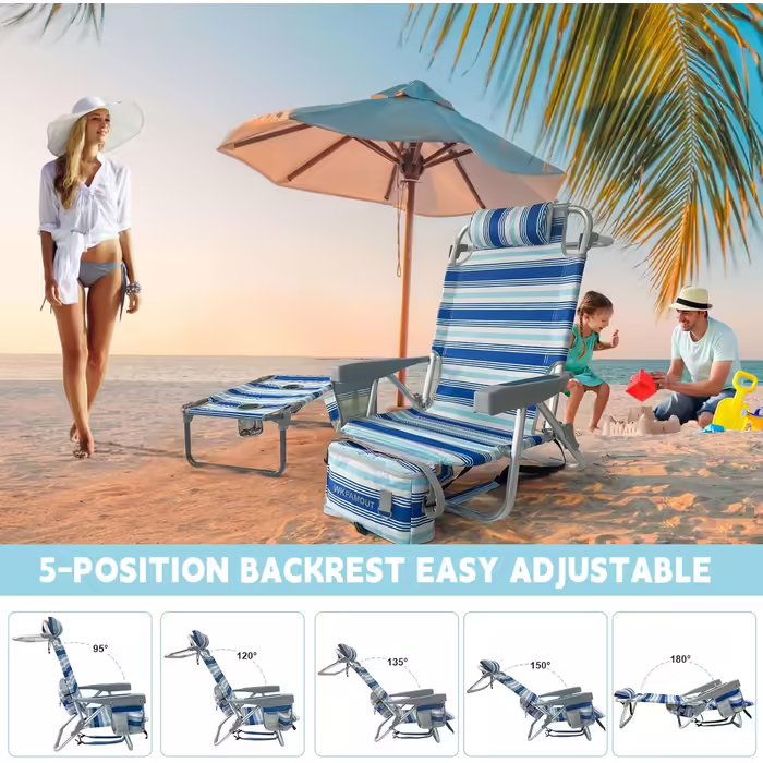 WKFAMOUT Folding Beach Chair with Folding Table, 5 Position Backpack Chair for the Beach, High-Back Camping Chair with Cooler Bag, Adjustable Backrest and Carrier, White, 1 Piece