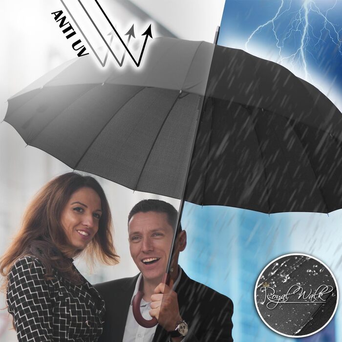 Гольф-парасолька Royal Walk XXL 54 дюйми (140 см) для 2 осіб, штормостійка, з дерев'яною ручкою, 16 ребер, чорна