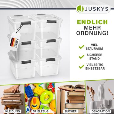 JUSKYS Storage Box with Lid - Set of 4 Plastic Boxes, 45L - Large Box, Stackable, Transparent - Storage Organization System Storage Boxes (Set of 6 - 45 Liters)
