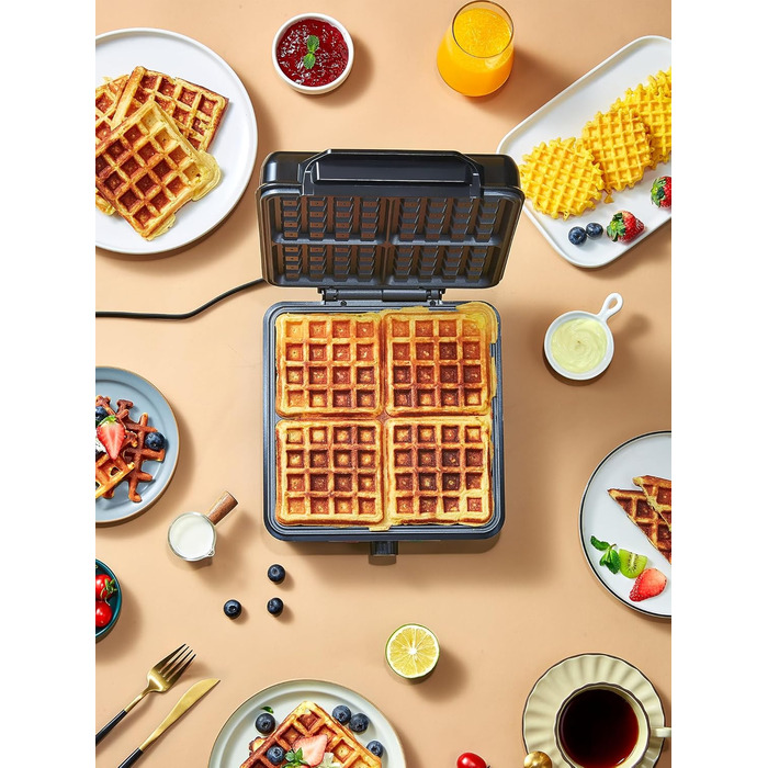 Reemix 4-Waffle Belgian Waffle Maker - 1200W Electric with Non-Stick Plates, Adjustable Temperature & Easy Cleaning, Stainless Steel