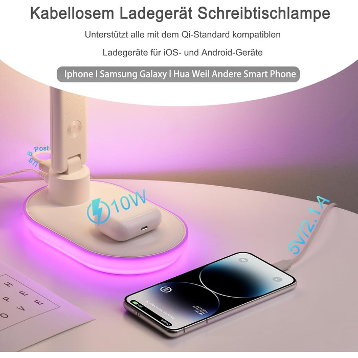 Настільна лампа CCHKFEI з регулюванням, годинником, LED-дисплеєм, бездротовим зарядним пристроєм 10W та USB-портом, 3 режими кольору, датчиком температури та RGB-підсвічуванням для читання, дому та офісу