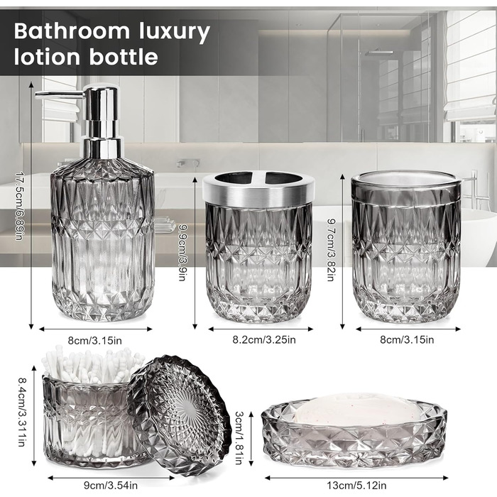 Набір аксесуарів для ванної кімнати зі скла: мильниця, дозатор мила, тримач для зубних щіток, стаканчик та контейнер для ватних паличок. Сучасний дизайн, градієнт, чорний та прозорий колір. Організатор для ванної кімнати.