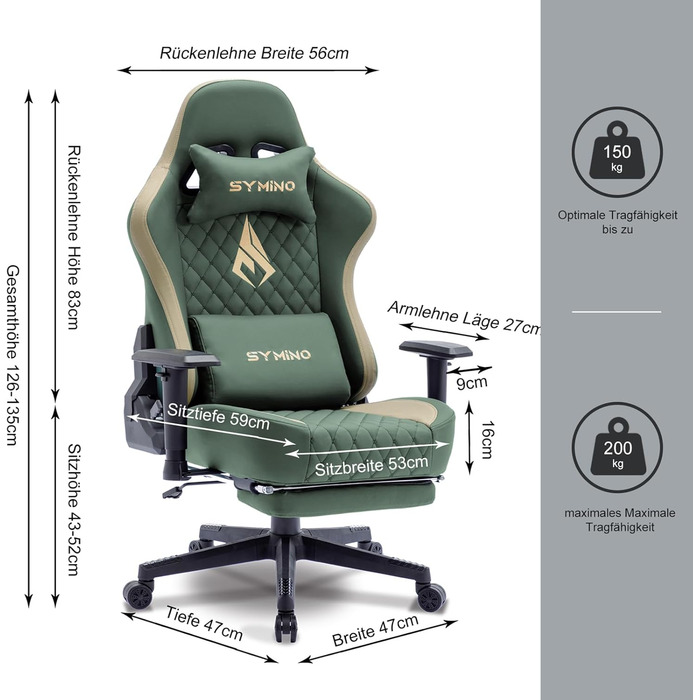 Ігровий крісло Symino Racing Style - ергономічне, 200 кг, регульовані підлокітники, PU шкіра, з підніжкою (зелений)