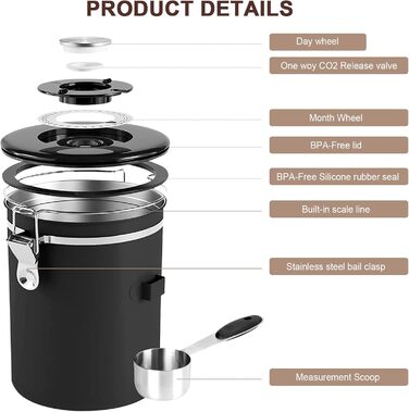 Герметичний контейнер для кави з нержавіючої сталі, 2,8 л, з CO2-вентилем та індикатором дати - для кавових зерен, кави, чаю, горіхів, какао, з мірною ложкою