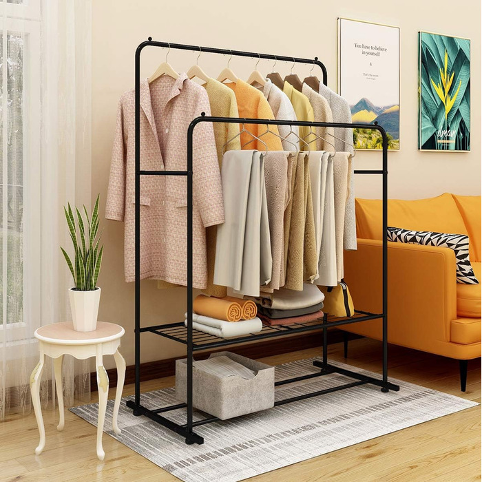 JURMERRY Freestanding Clothes Rack, Double Hanging Rod, High-Performance Metal with Shelf, Commercial Quality, Black